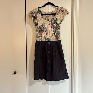 Floral Printed Silk Dress with Textured Black Cotton Skirt